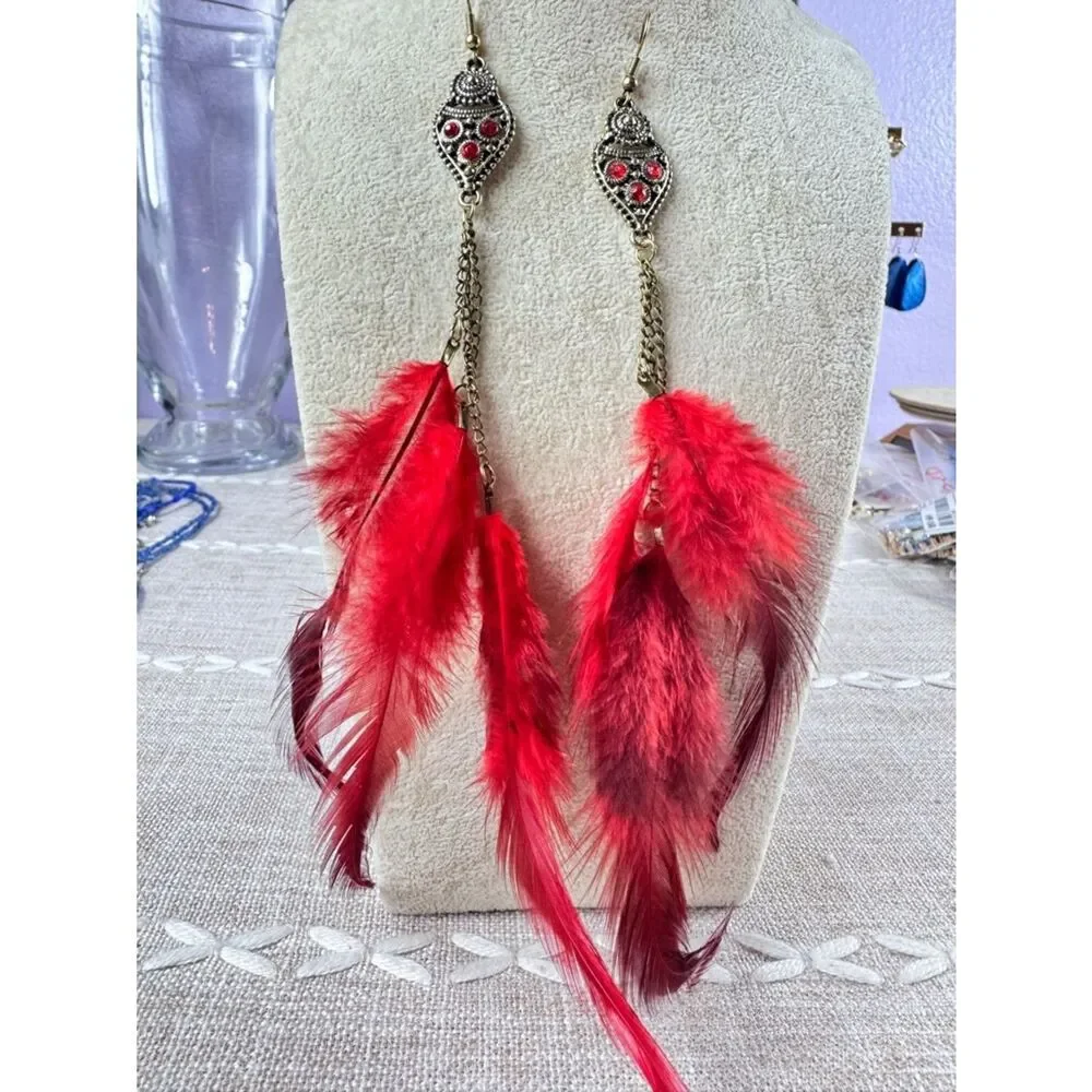 Red Feather Drop Earrings - Statement Feather Jewelry